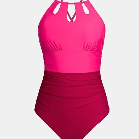 New One Piece High Neck Tummy Control Red & Pink Bathing Suit - Picture 5 of 8